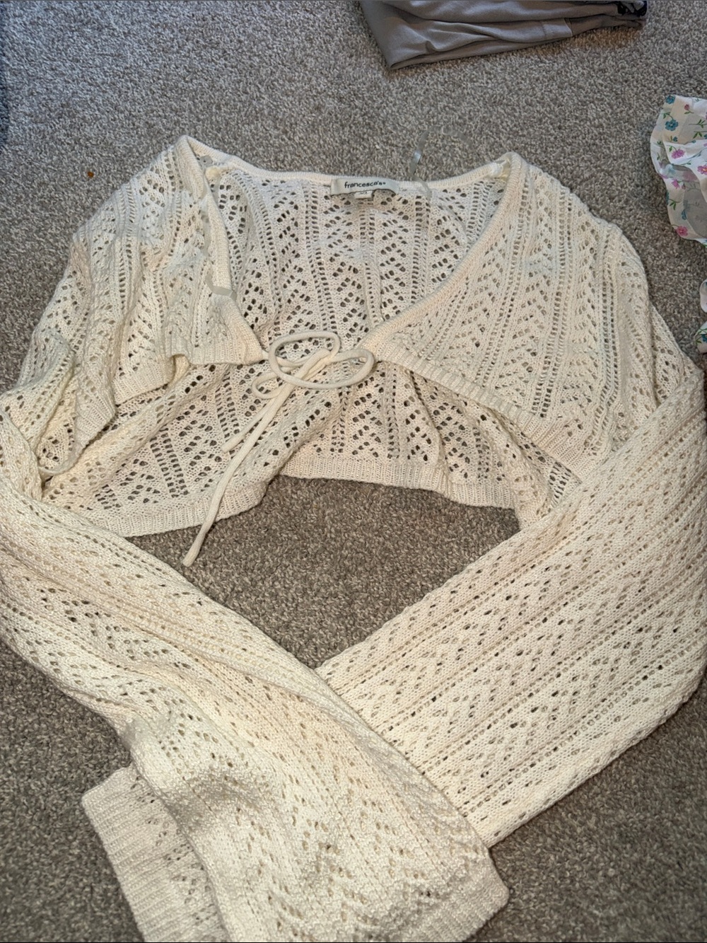 Francesca’s Cream Knit Cropped Tie-Front Sweater